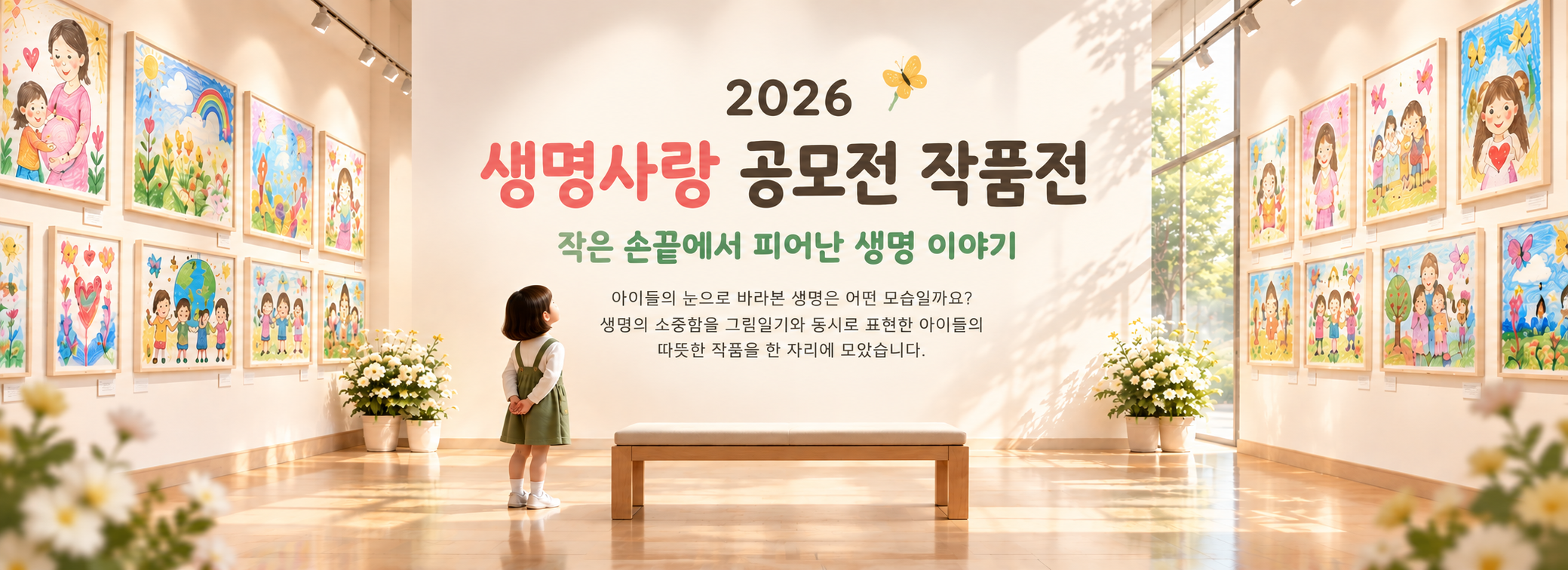 2026 생명사랑 공모전 작품전. 작은 손끝에서 피어난 생명의 이야기. 아이들의 눈으로 바라본 생명은 어떤 모습일까요? 생명의 소중함을 그림일기와 동시로 표현한 아이들의 따뜻한 작품을 한자리에 모았습니다.